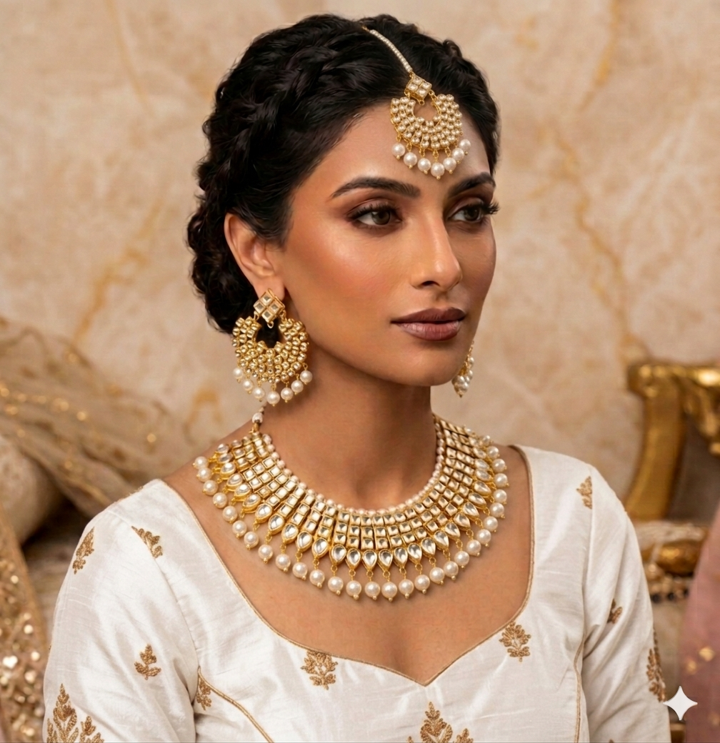 Gold Plated  Kundan Studded Choker Necklace Earrings & Maang Tikka Set