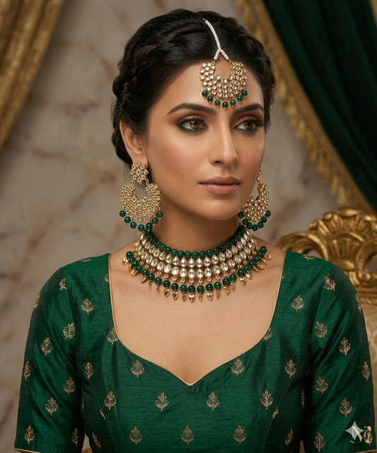 Gold Plated  Kundan Studded Choker Necklace Earrings & Maang Tikka Set