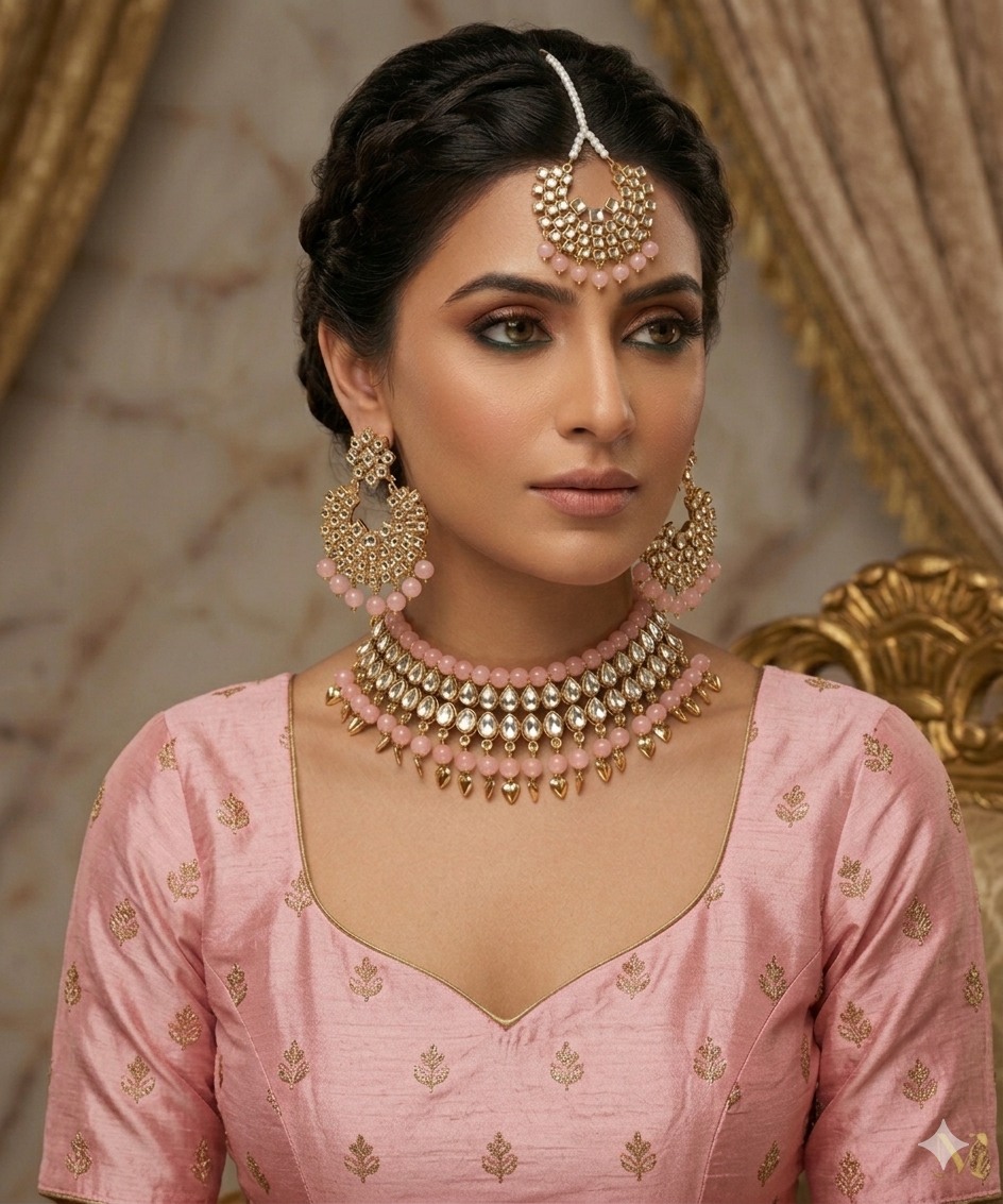 Gold Plated  Kundan Studded Choker Necklace Earrings & Maang Tikka Set