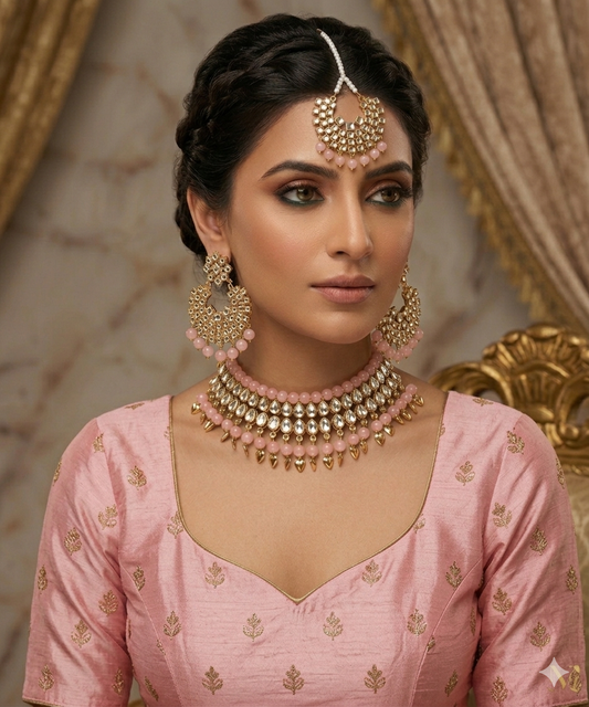 Gold Plated  Kundan Studded Choker Necklace Earrings & Maang Tikka Set