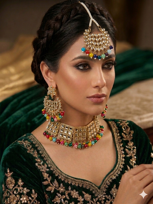 Gold Plated  Kundan Studded Choker Necklace Earrings & Maang Tikka Set