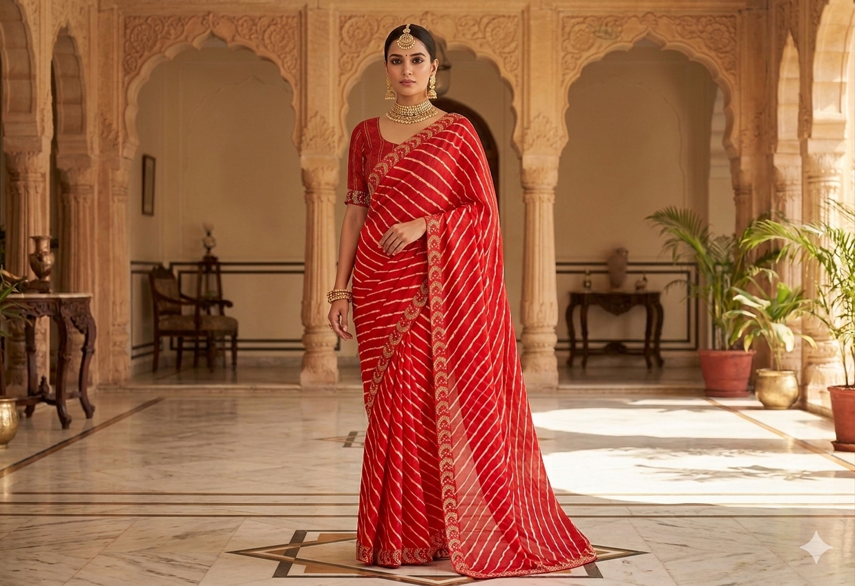 Leheriya Printed Georgette Saree with   Jharkan Diamond stone In Red With Unstitched Blouse