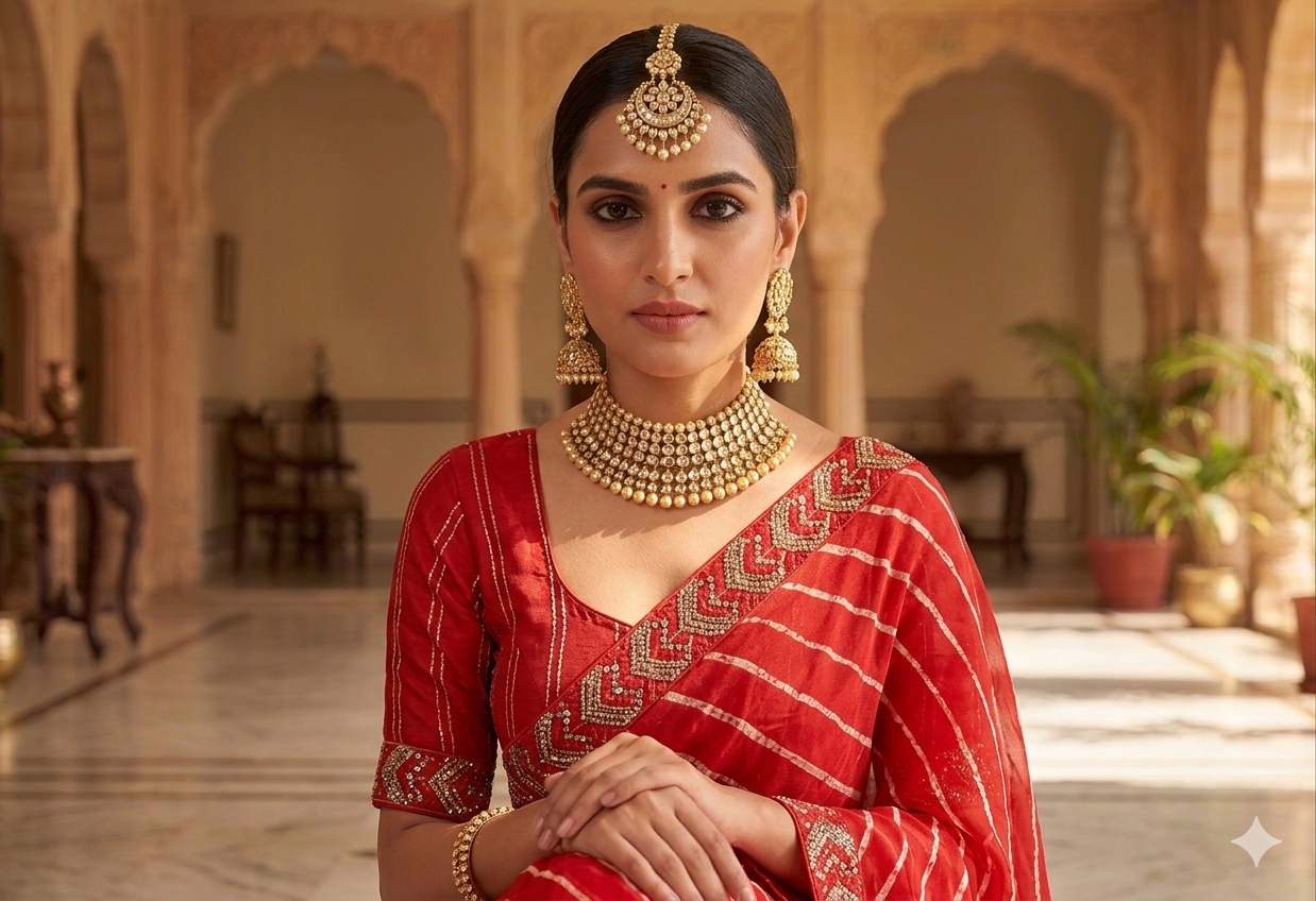 Leheriya Printed Georgette Saree with   Jharkan Diamond stone In Red With Unstitched Blouse