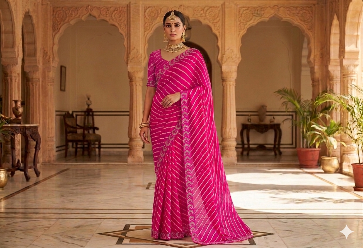 Leheriya Printed Georgette Saree with   Jharkan Diamond stone In Pink With Unstitched Blouse