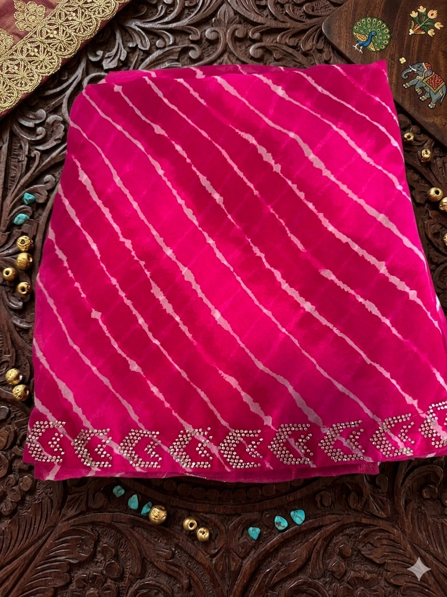 Leheriya Printed Georgette Saree with   Jharkan Diamond stone In Pink With Unstitched Blouse