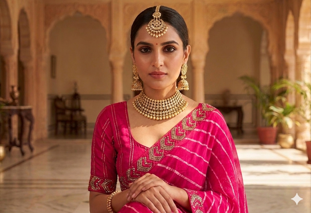 Leheriya Printed Georgette Saree with   Jharkan Diamond stone In Pink With Unstitched Blouse