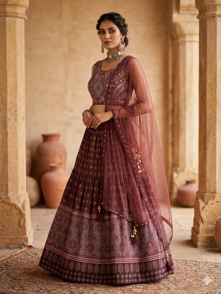 BROWN RESHAM EMBROIDERED CREPE LEHENGA WITH NET DUPATTA
