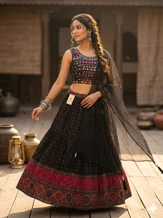 BROWN RESHAM EMBROIDERED CREPE LEHENGA WITH NET DUPATTA