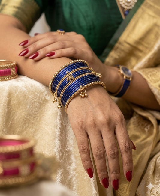 Royal Blue Indian Bridal Gold Metal Bangles Set, Golden Chudiya, Ethnic Chudiya Bangles Set, Traditional Bangles,