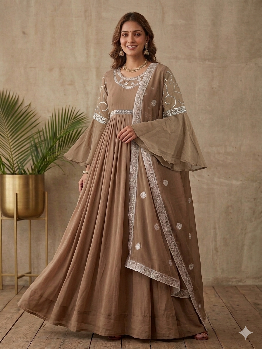 Brown Faux Georgette Anarkali Gown With Foil Embroidery Work