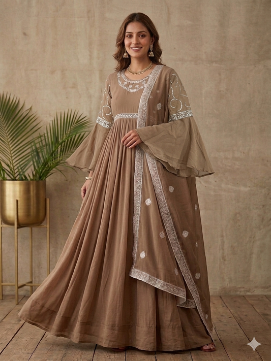 Brown Faux Georgette Anarkali Gown With Foil Embroidery Work