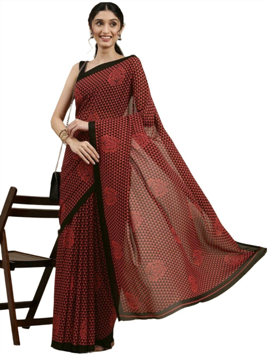Red Georgette Casual Saree with black border