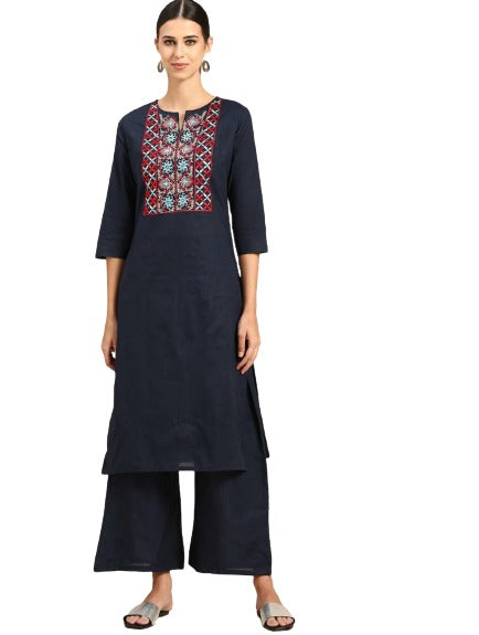 Navy Blue Design Thread Work Pure Cotton Kurta With Palazzos(Indian outfit)