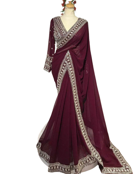 Georgette saree Deginer look eye catchy wine with heavy thread embroidery work blouse.(Indian Saree)