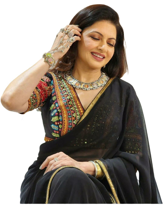 SAREE GEORGETTE DESIGNER WEAR BLACK MAGIC FAUX  WITH STITCHED HEAVY SEQUANCE EMBROIDERED WORK BLOUSE