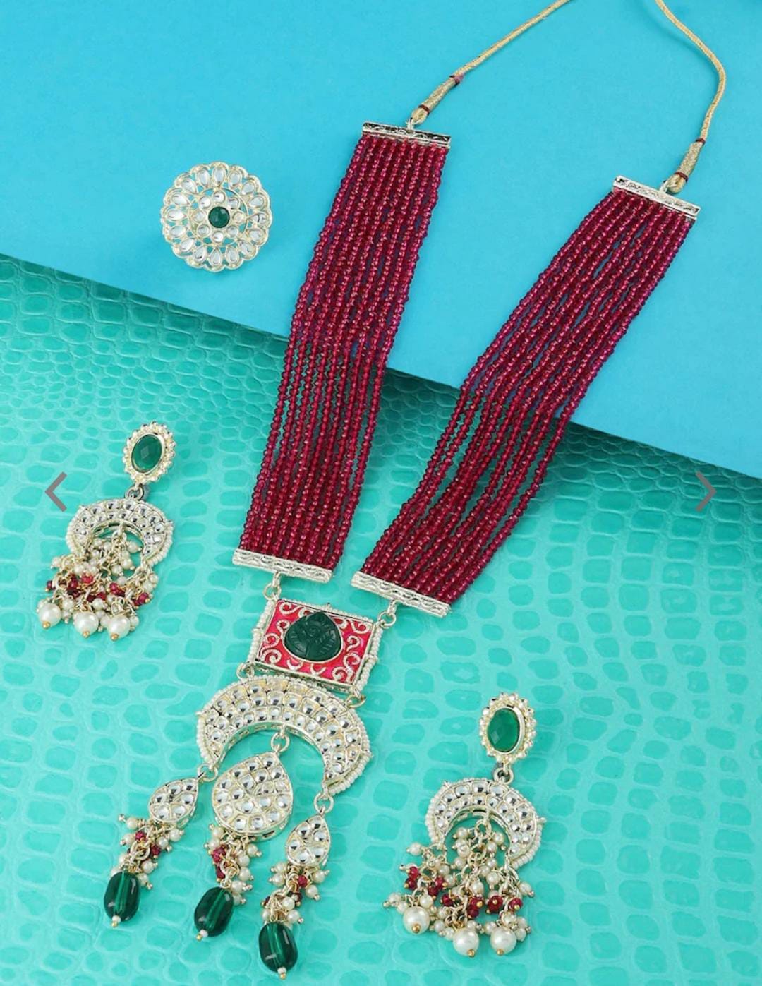 Gold Plated Pink & Green Stone-Studded & Pearl Beaded Jewellery Set