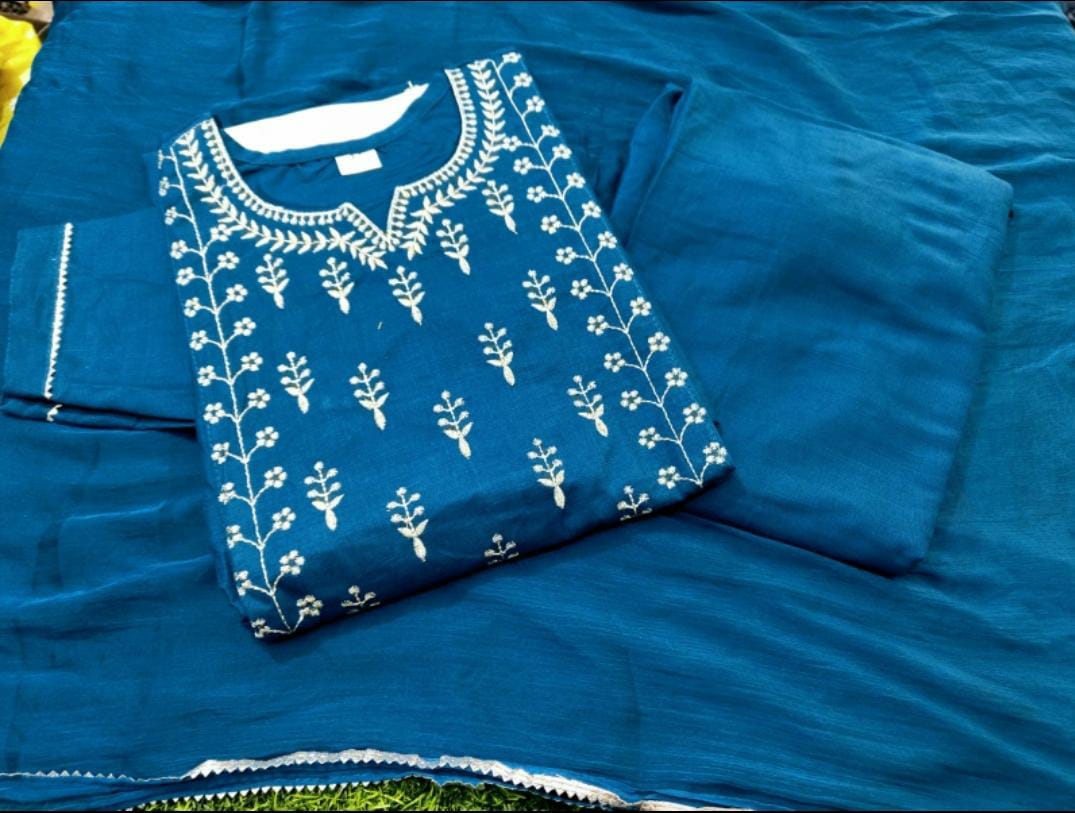 Rayon Slub Kurti with sliver thread work with Pant and Dupatta