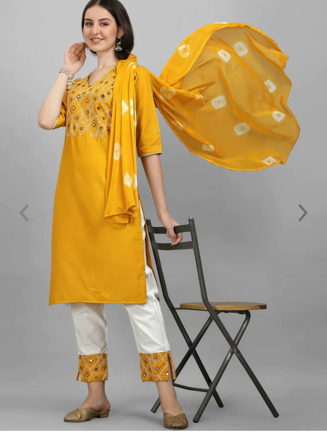 Mustard Yellow Mirror Work Kurta With Trousers(Indian Outfit)