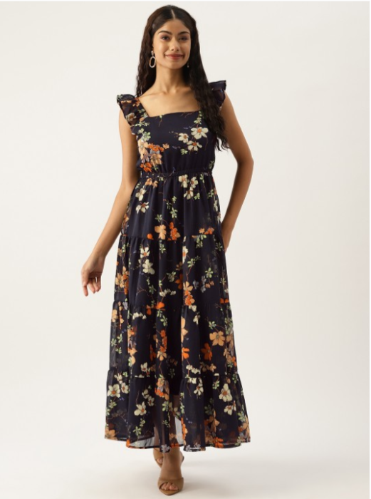 Floral Print Georgette A-Line Maxi Dress in Berlin
