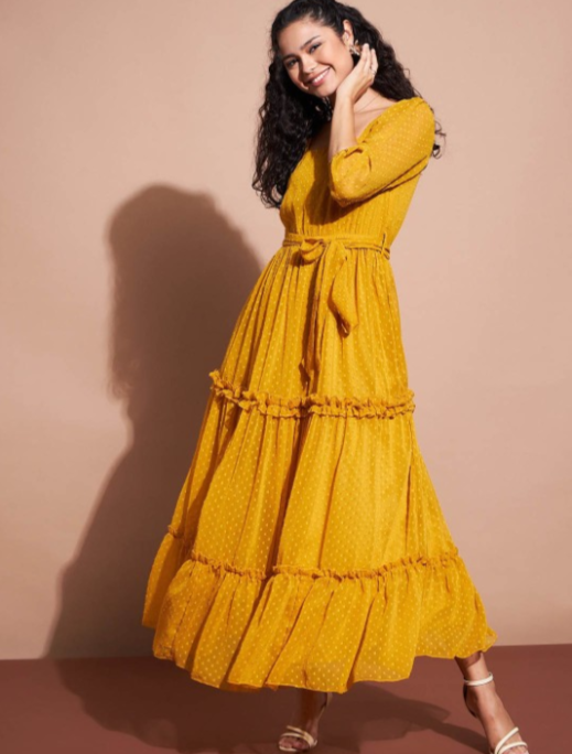 Self Design V-Neck Puff Sleeves Ruffled Tiered Fit & Flare Maxi Dress in Germany