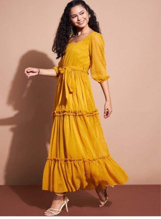 Self Design V-Neck Puff Sleeves Ruffled Tiered Fit & Flare Maxi Dress in Germany