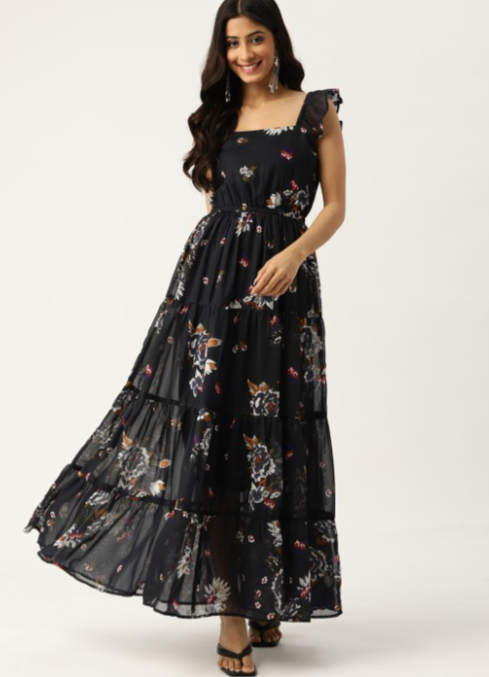 Navy Blue & White Floral Print Tiered Maxi Dress in Germany