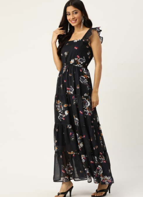 Navy Blue & White Floral Print Tiered Maxi Dress in Germany