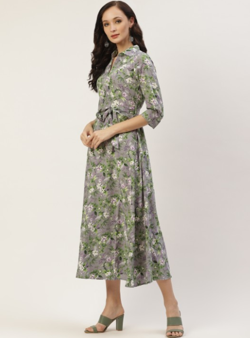 Grey & White Floral Crepe Midi Dress in Berlin