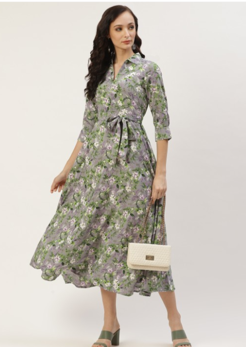 Grey & White Floral Crepe Midi Dress in Berlin