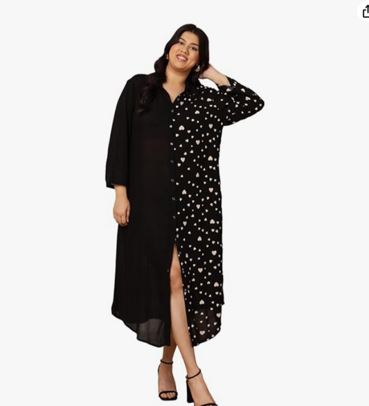 Solid with Heart Print Rayon Plus Size Shirt Dress in Munich
