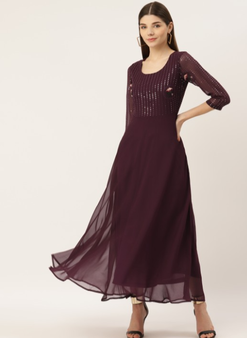 Burgundy Embellished Georgette Maxi Dress in Germany