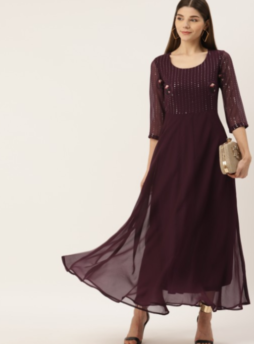 Burgundy Embellished Georgette Maxi Dress in Germany