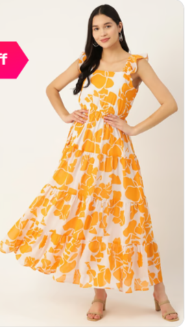 Yellow & White Printed Fit & Flare Dress in Berlin