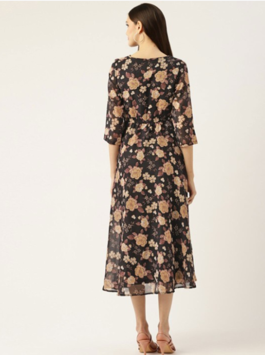 Black Floral Printed Georgette Fit & Flare Midi Dress in Berlin