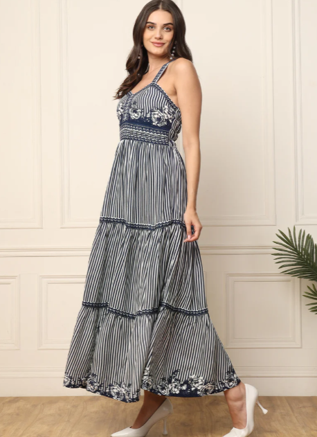 BLUE STRIPED WITH BORDER PRINTED WOMEN TIERED MAXI DRESS in Munich