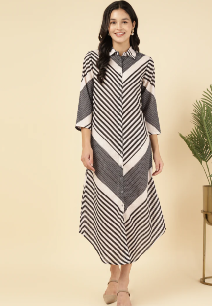 Black Multi Striped Women Shirt Dress embroidery and fabric detail - Neha Couture Indian Fashion