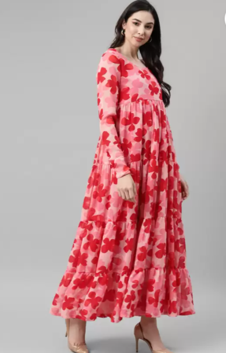 Women Floral Print Georgette Flared Kurta embroidery and fabric detail - Neha Couture Indian Fashion
