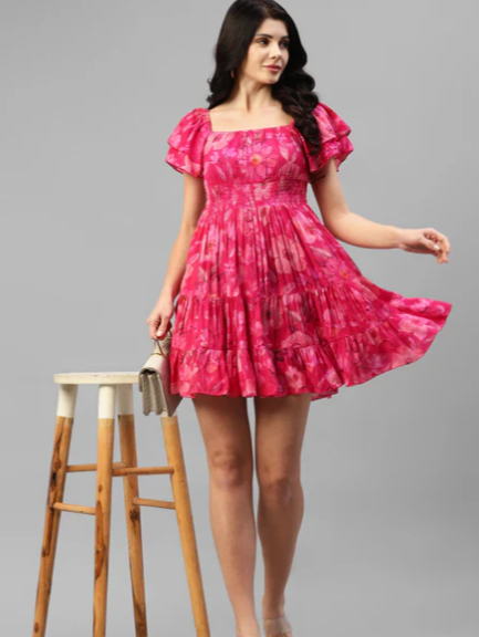 VISCOSE MUSLIN  FOIL PRINTED WOMEN'S TIERED DRESS In Munich