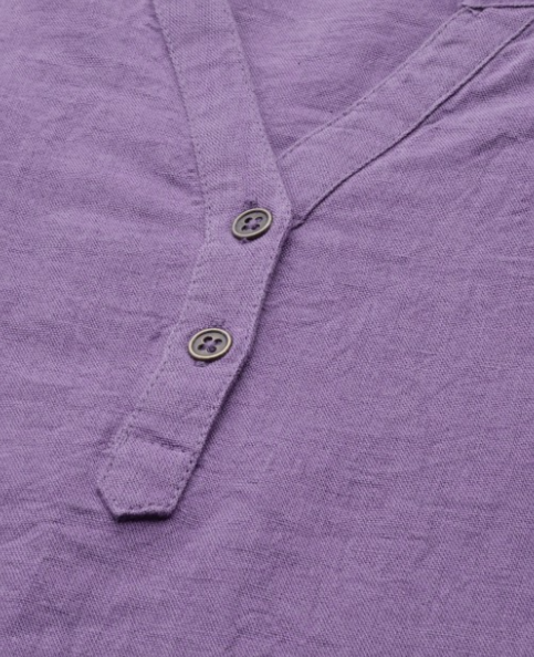 The Lifestyle Co Purple Cotton Linen Solid Mandarin Collar Top embroidery and fabric detail - Neha Couture Indian Fashion
