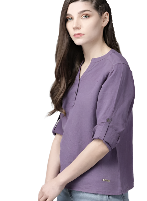 The Lifestyle Co Purple Cotton Linen Solid Mandarin Collar Top in Munich