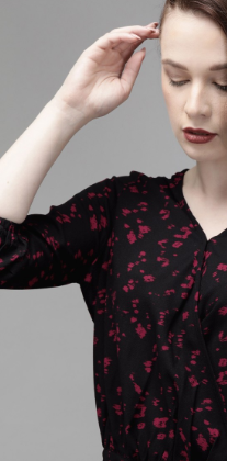 Women Black Abstract Printed Waist Tie-Up Knitted Wrap Top in Germany