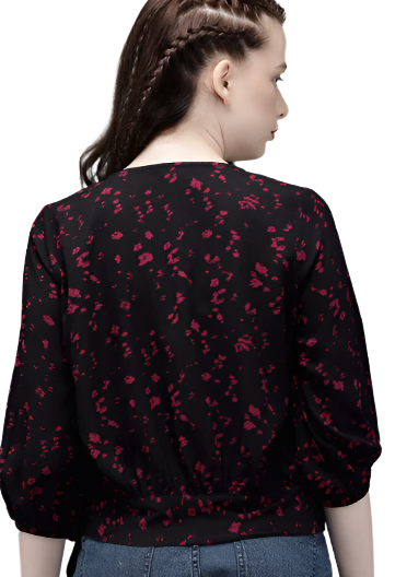 Women Black Abstract Printed Waist Tie-Up Knitted Wrap Top embroidery and fabric detail - Neha Couture Indian Fashion
