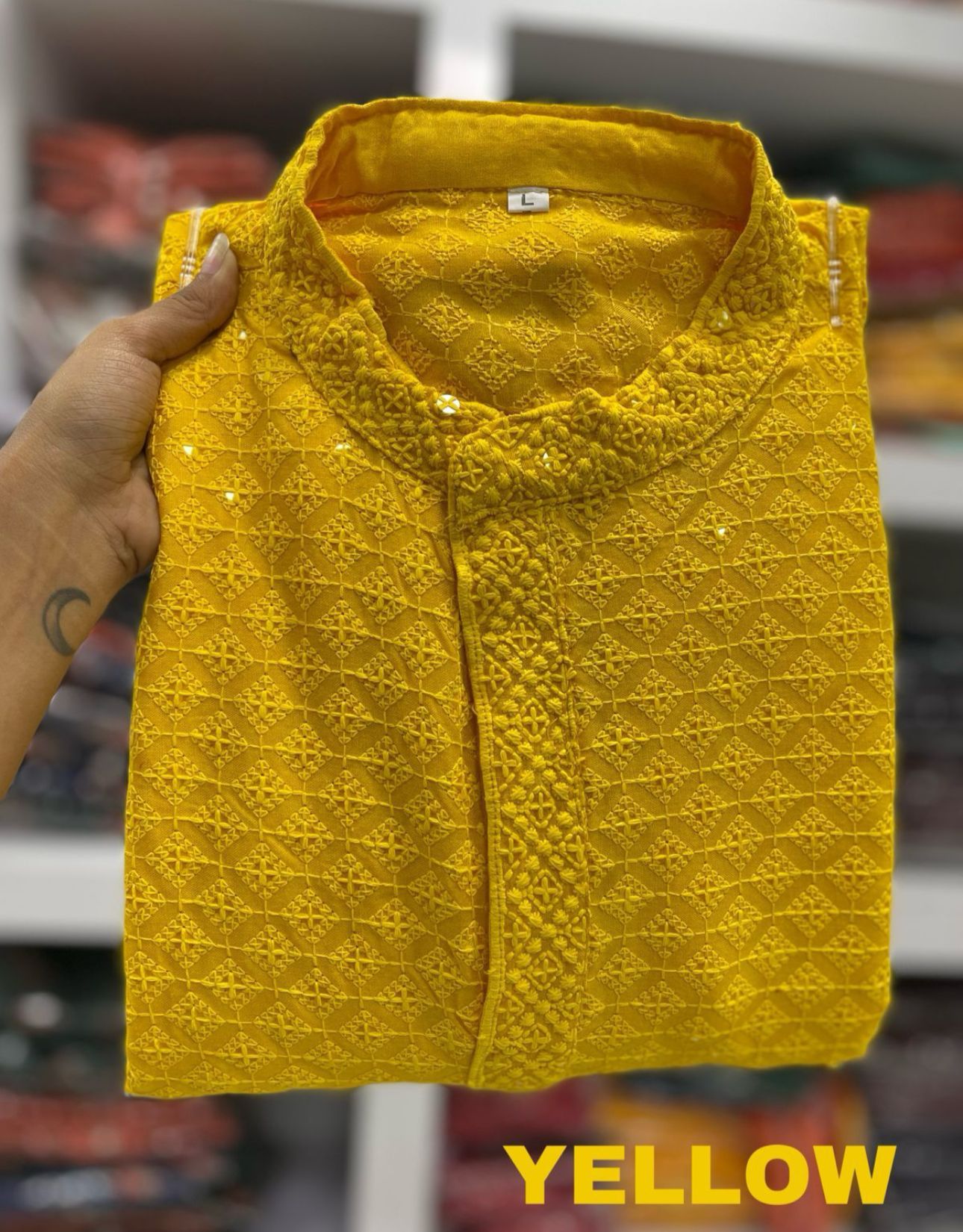 Men's Kurta Churidar with Embroidery Cotton Rayon Yellow