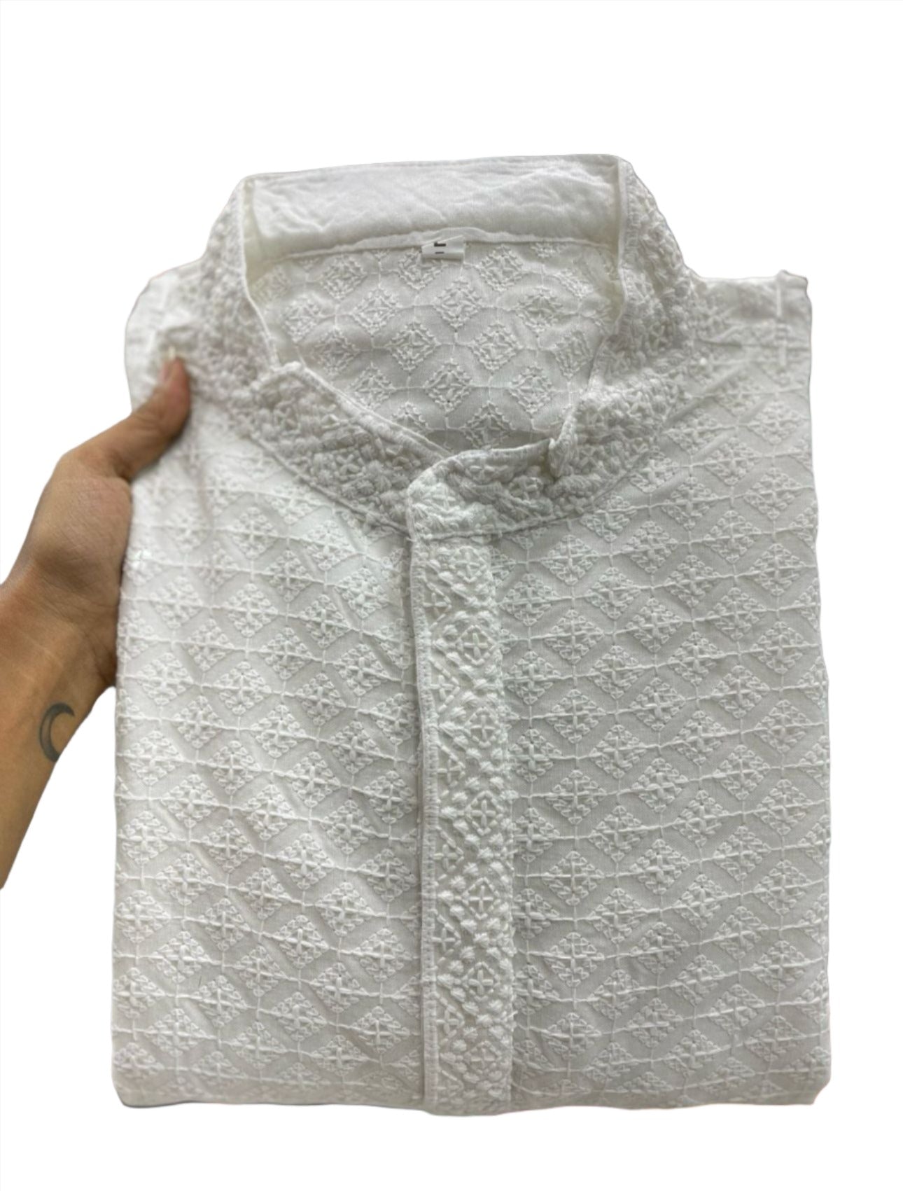 Men's Kurta Churidar with Embroidery Cotton Rayon White