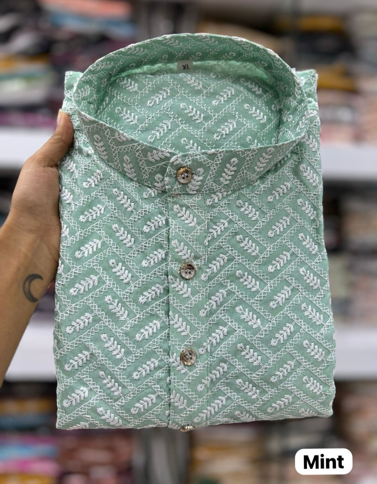 Men's Kurta Churidar with chicken schiffli Cotton Rayon mint