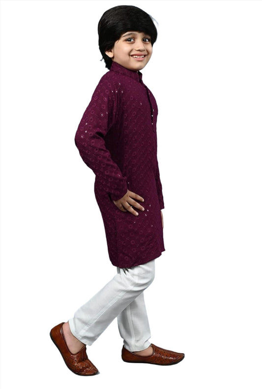 Boys Kurta Pajama Sequin Print Embroidery Mirror Work Maroon side - Neha Couture Indian Fashion