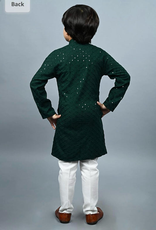 Boys Kurta Pajama Sequin Print Embroidery Mirror Work Green back - Neha Couture Indian Fashion