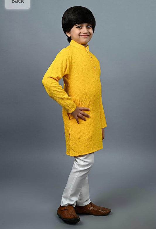 Boys Kurta Pajama Sequin Print Embroidery Mirror Work Yellow embroidery and fabric detail - Neha Couture Indian Fashion