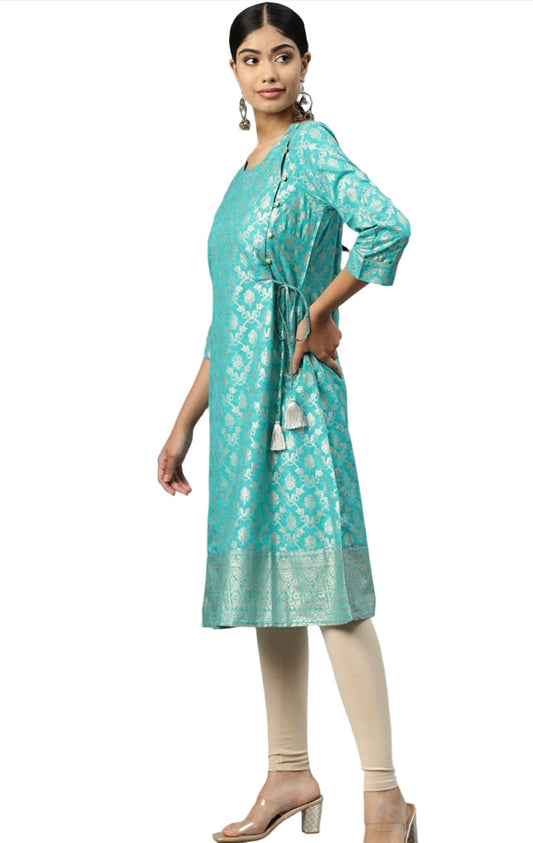 Ethnic Motifs Foil Printed Kurta With Leggings & Dupatta embroidery and fabric detail - Neha Couture Indian Fashion