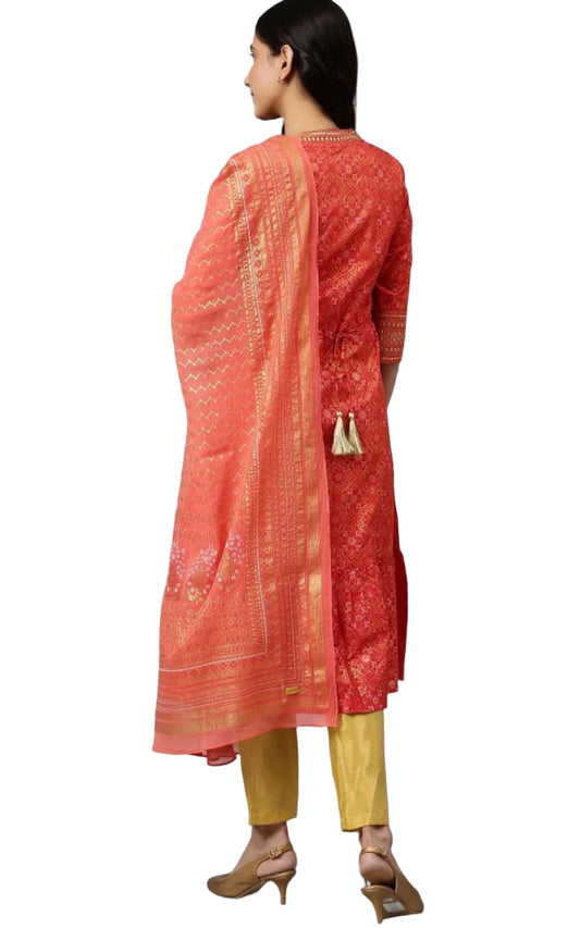 Red Printed kurta-Teal Trouser- Dupatta Set - Neha Couture Indian Fashion
